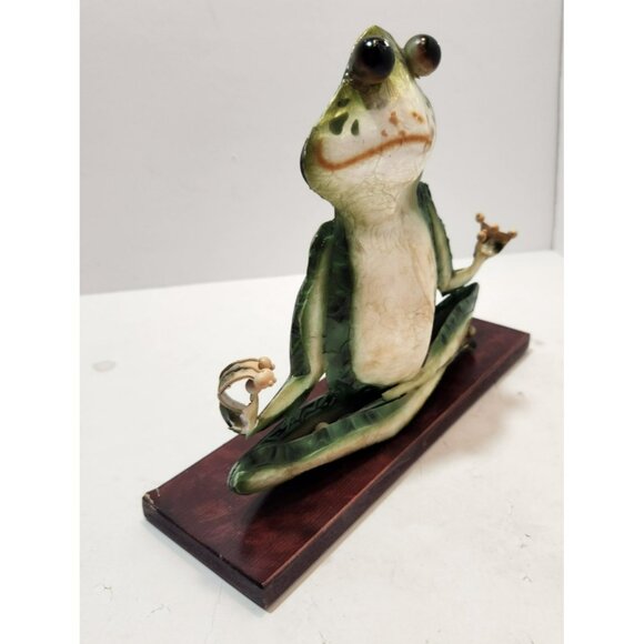 Metal Yoga Meditation Frog Decor on Wooden Base 7.5" Tall by 10" Long - Picture 12 of 14